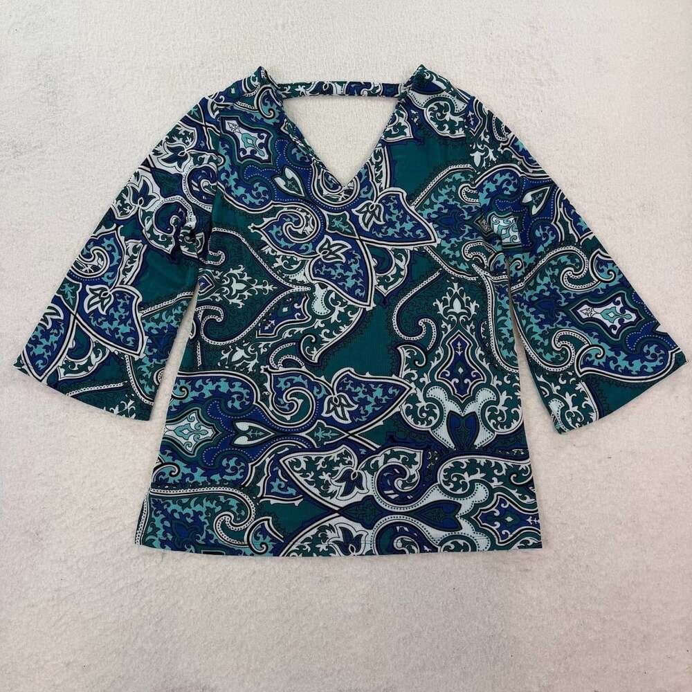 Chico’s Travelers Paisley Print Bell Sleeve Stretch Keyhole Top Size 4/6